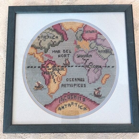 Vintage Framed Handmade Needlework Old World Map Embroidery Art Set of 2 - Picture 12 of 12